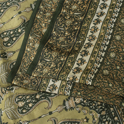 Sanskriti Vintage Sarees Green Pure Silk Floral Printed 6+YD Sari Remnant Fabric