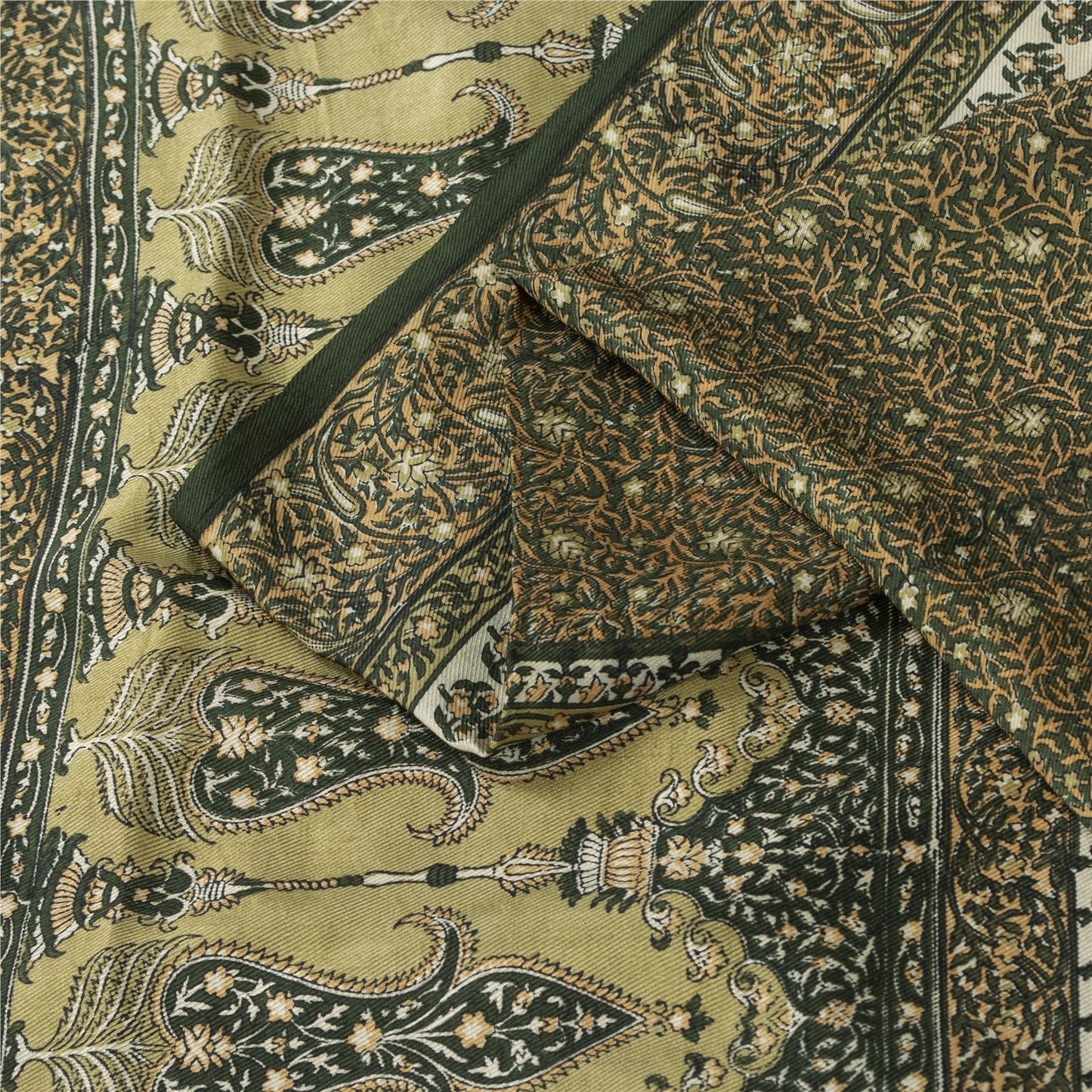 Sanskriti Vintage Sarees Green Pure Silk Floral Printed 6+YD Sari Remnant Fabric