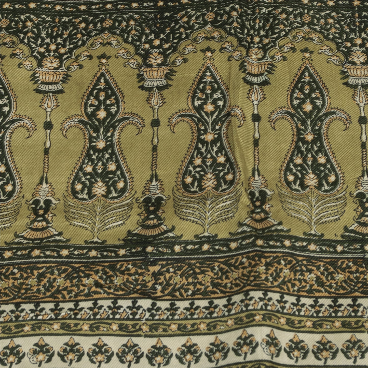 Sanskriti Vintage Sarees Green Pure Silk Floral Printed 6+YD Sari Remnant Fabric