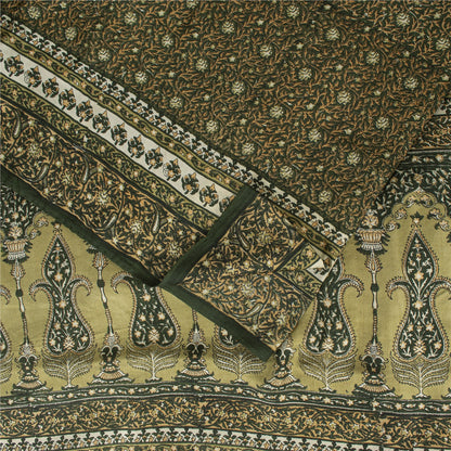 Sanskriti Vintage Sarees Green Pure Silk Floral Printed 6+YD Sari Remnant Fabric