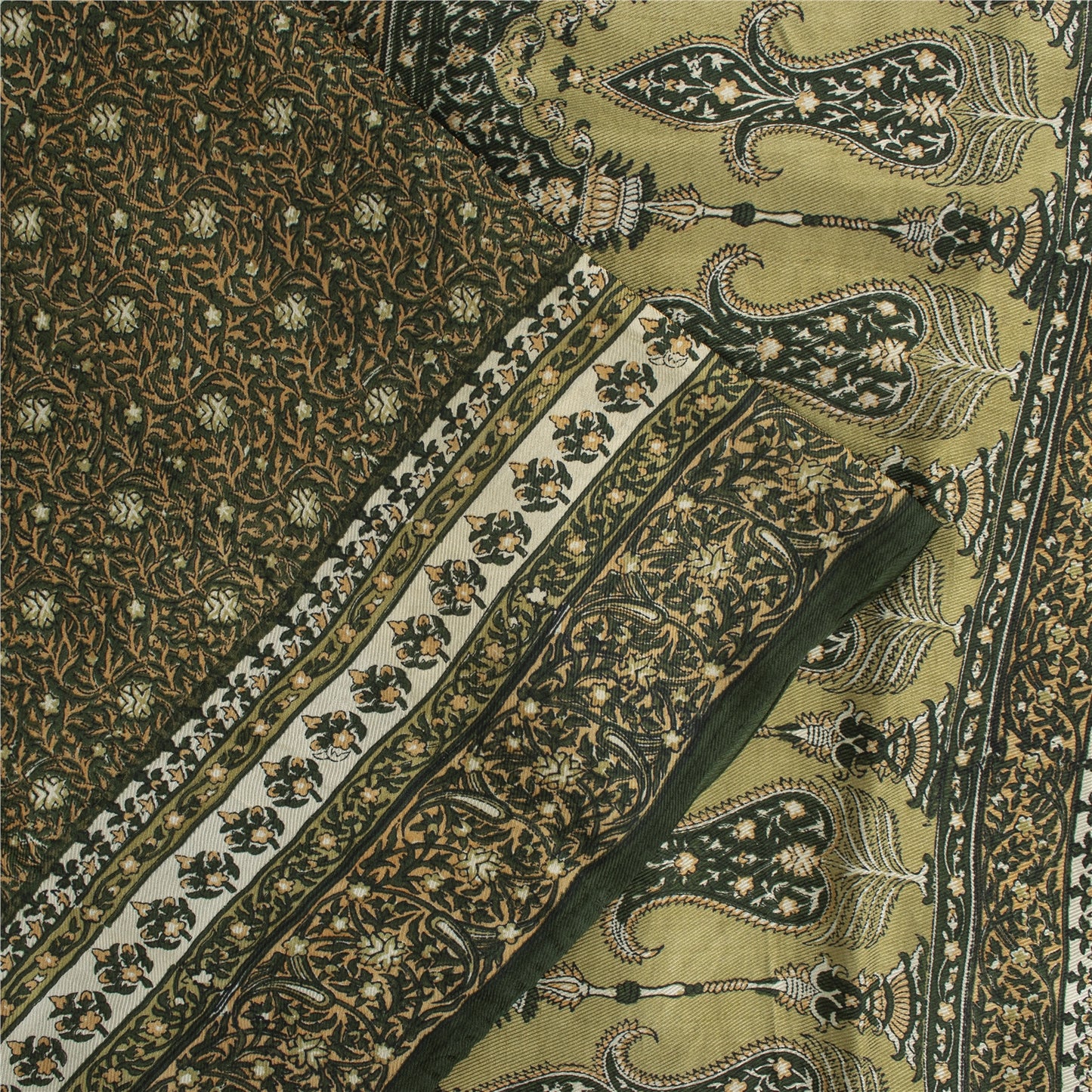 Sanskriti Vintage Sarees Green Pure Silk Floral Printed 6+YD Sari Remnant Fabric