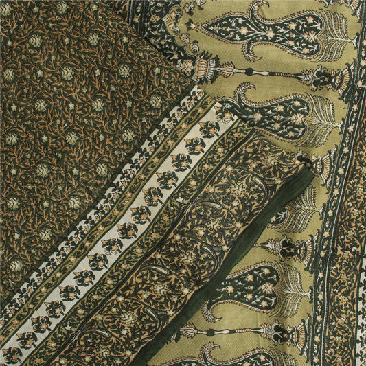 Sanskriti Vintage Sarees Green Pure Silk Floral Printed 6+YD Sari Remnant Fabric