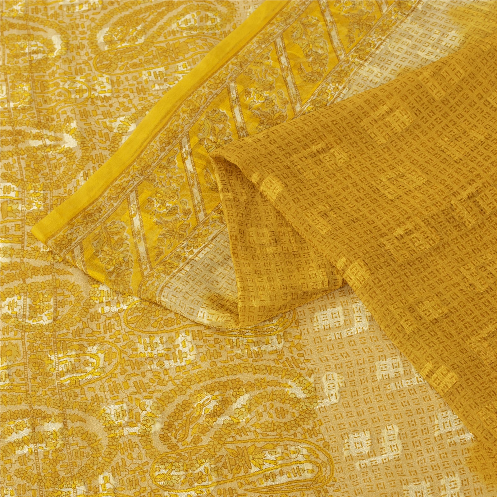 Sanskriti Vintage Sarees Yellow Pure Silk Geometric Print 6+YD Sari For Quilting