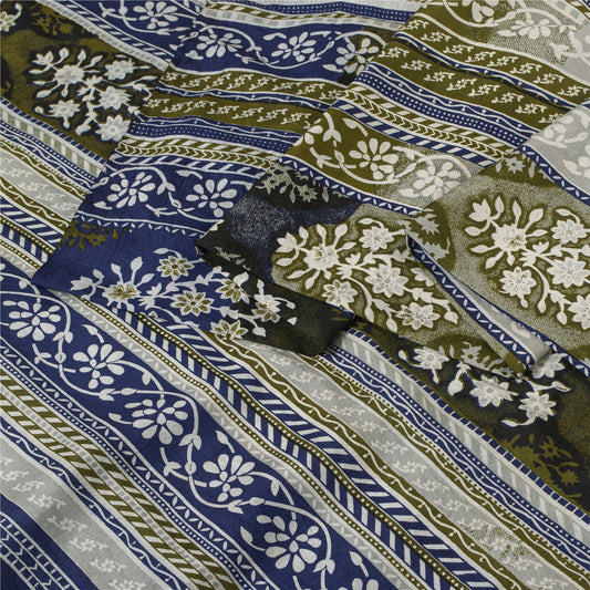 Sanskriti Vintage Sarees Ivory Pure Silk Floral Printed 5+YD Sari For Home Decor