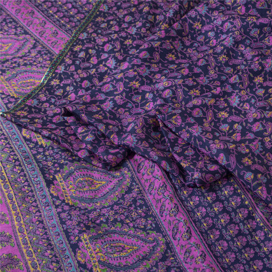Sanskriti Vintage Sarees Purple & Blue Pure Silk Paisley Printed 6+YD Decor Sari