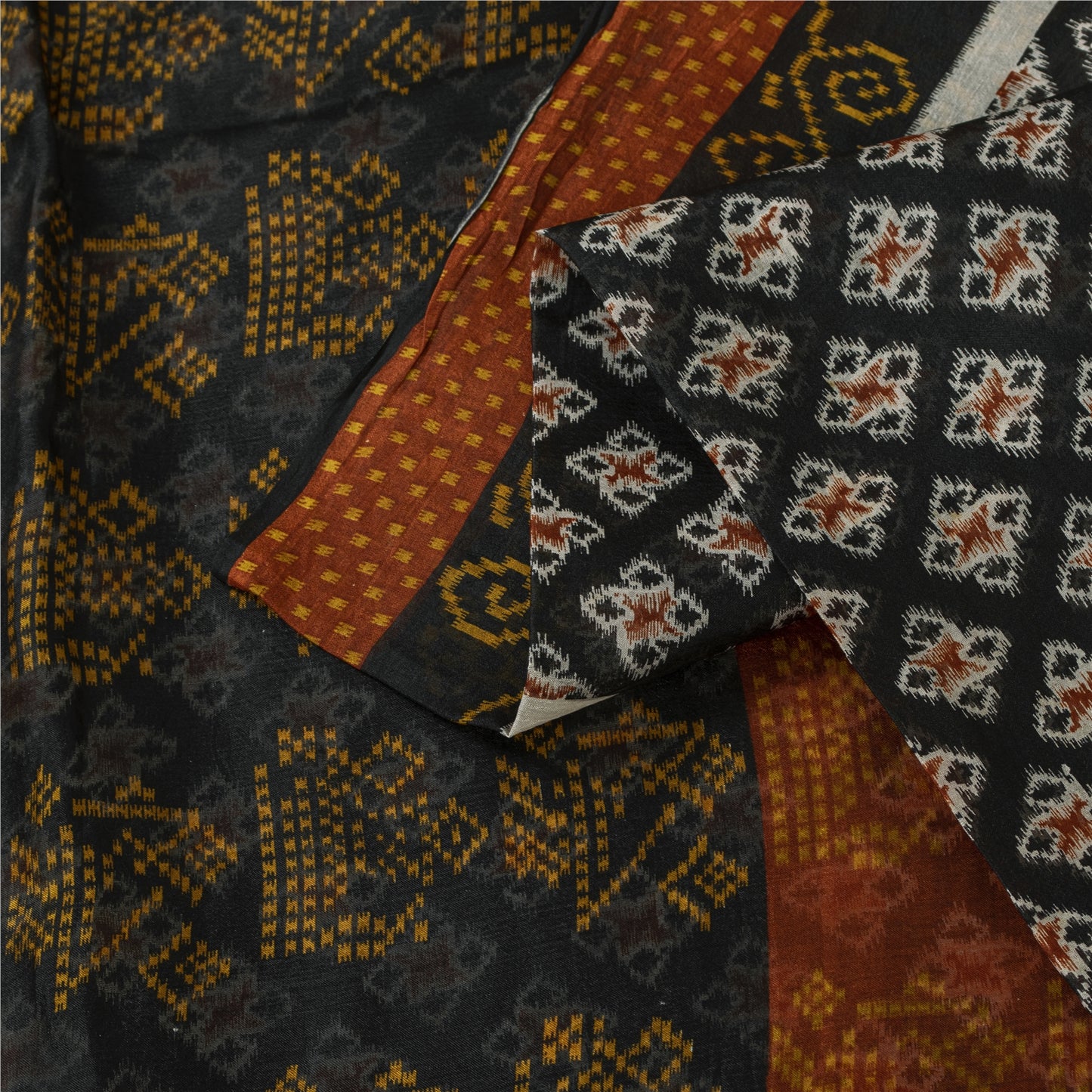 Sanskriti Vintage Sarees Black Pure Silk Geometric Ikat Print 6YD Sari Material