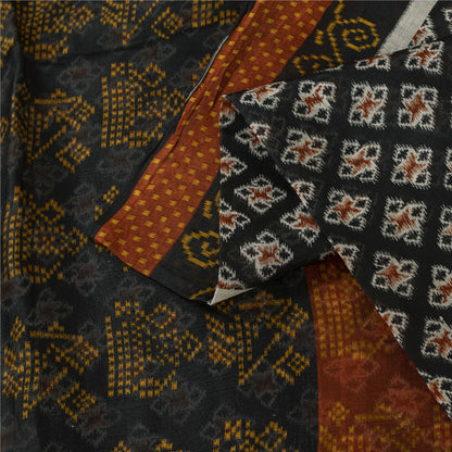 Sanskriti Vintage Sarees Black Pure Silk Geometric Ikat Print 6YD Sari Material