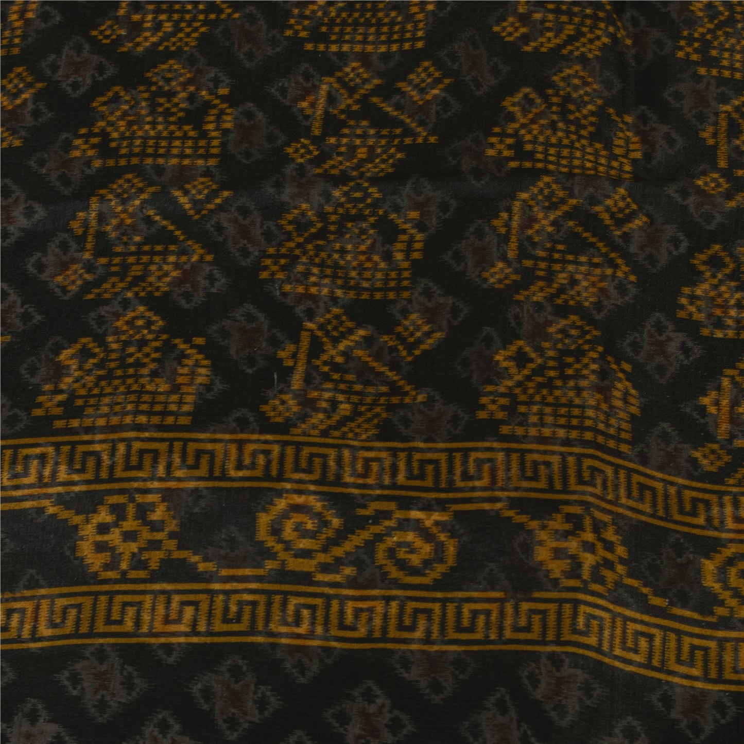 Sanskriti Vintage Sarees Black Pure Silk Geometric Ikat Print 6YD Sari Material