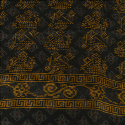 Sanskriti Vintage Sarees Black Pure Silk Geometric Ikat Print 6YD Sari Material