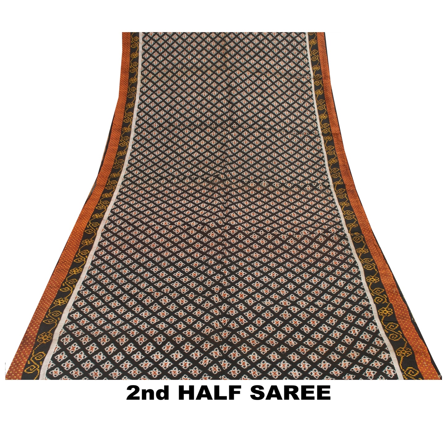Sanskriti Vintage Sarees Black Pure Silk Geometric Ikat Print 6YD Sari Material