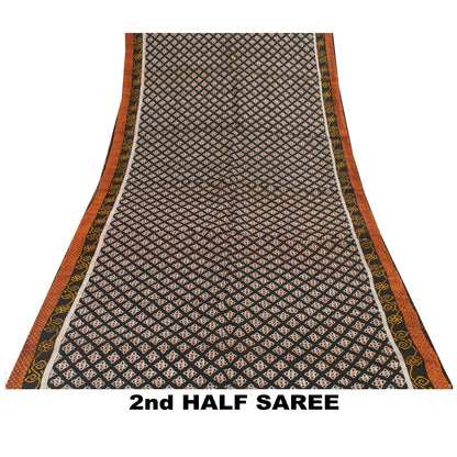 Sanskriti Vintage Sarees Black Pure Silk Geometric Ikat Print 6YD Sari Material