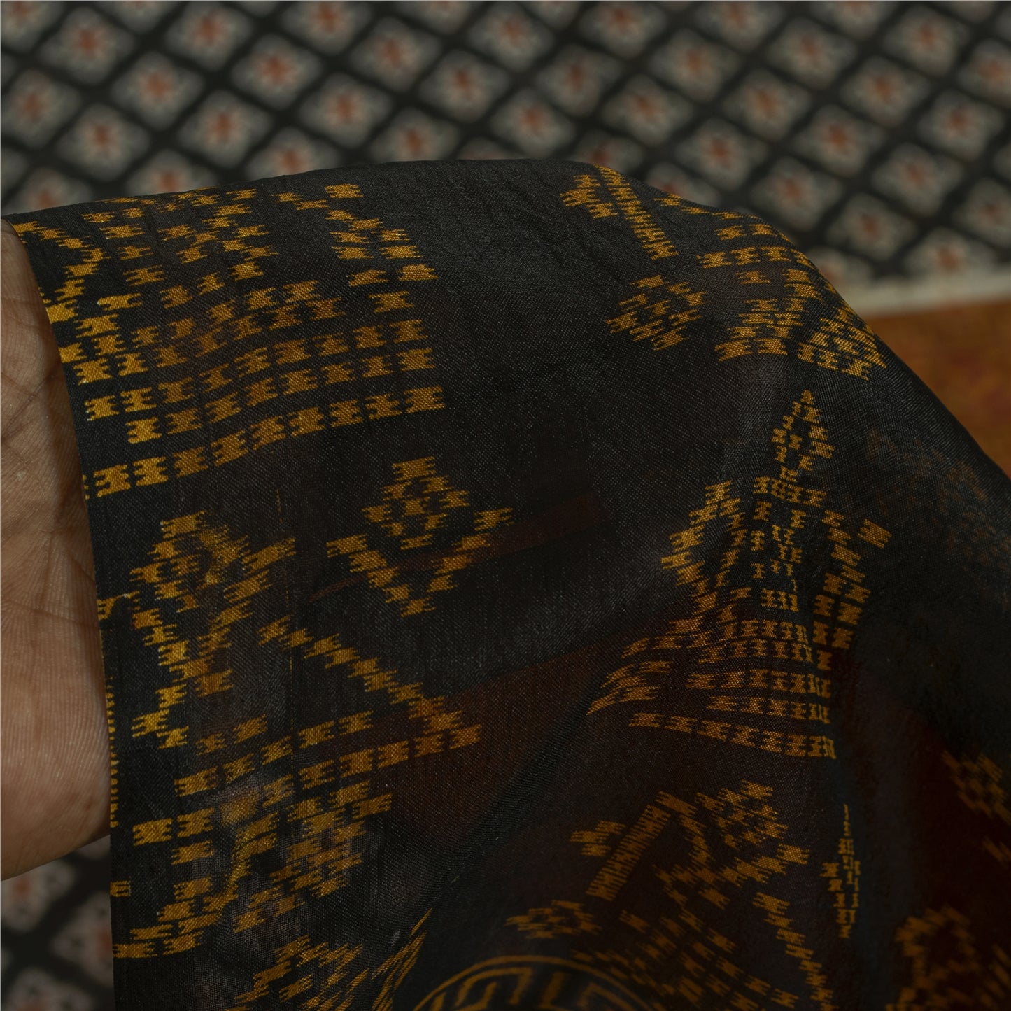 Sanskriti Vintage Sarees Black Pure Silk Geometric Ikat Print 6YD Sari Material