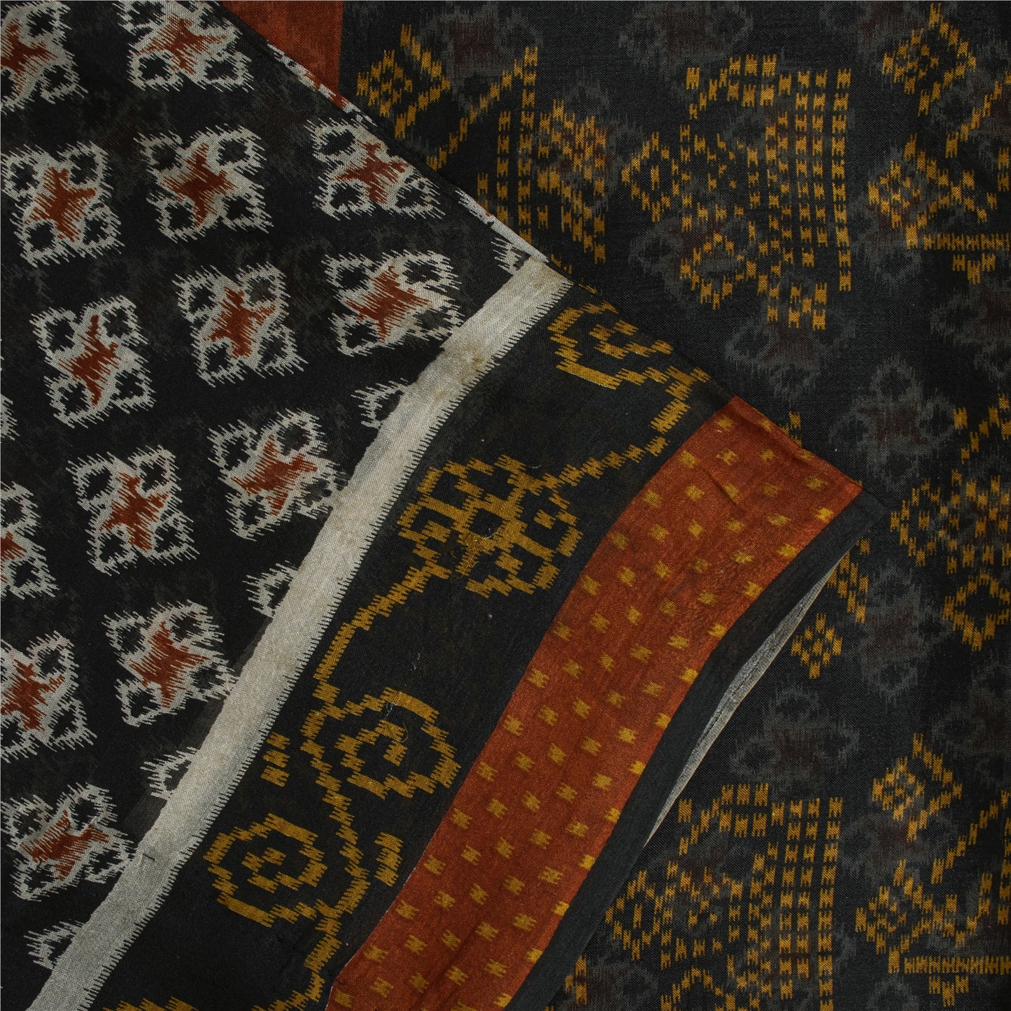 Sanskriti Vintage Sarees Black Pure Silk Geometric Ikat Print 6YD Sari Material