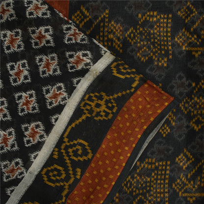 Sanskriti Vintage Sarees Black Pure Silk Geometric Ikat Print 6YD Sari Material