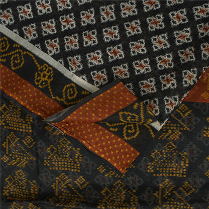 Sanskriti Vintage Sarees Black Pure Silk Geometric Ikat Print 6YD Sari Material