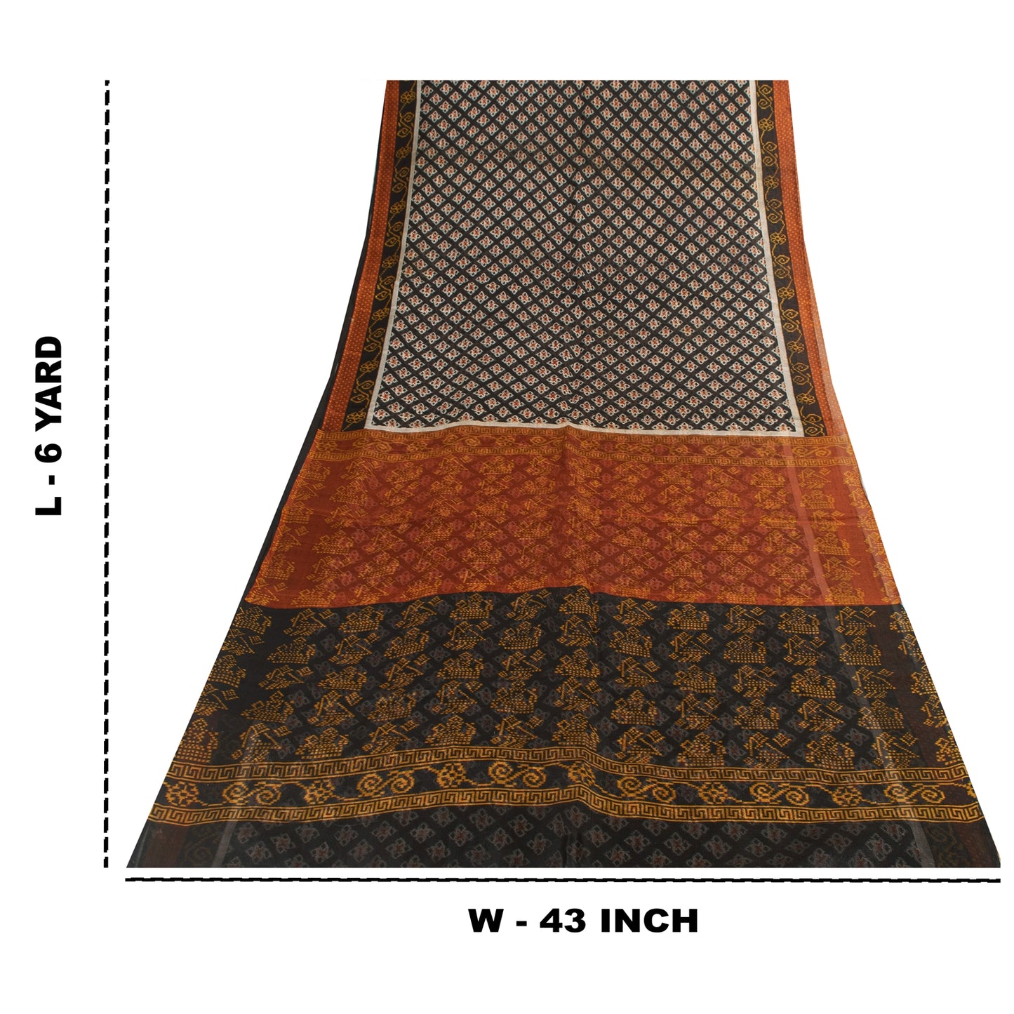 Sanskriti Vintage Sarees Black Pure Silk Geometric Ikat Print 6YD Sari Material