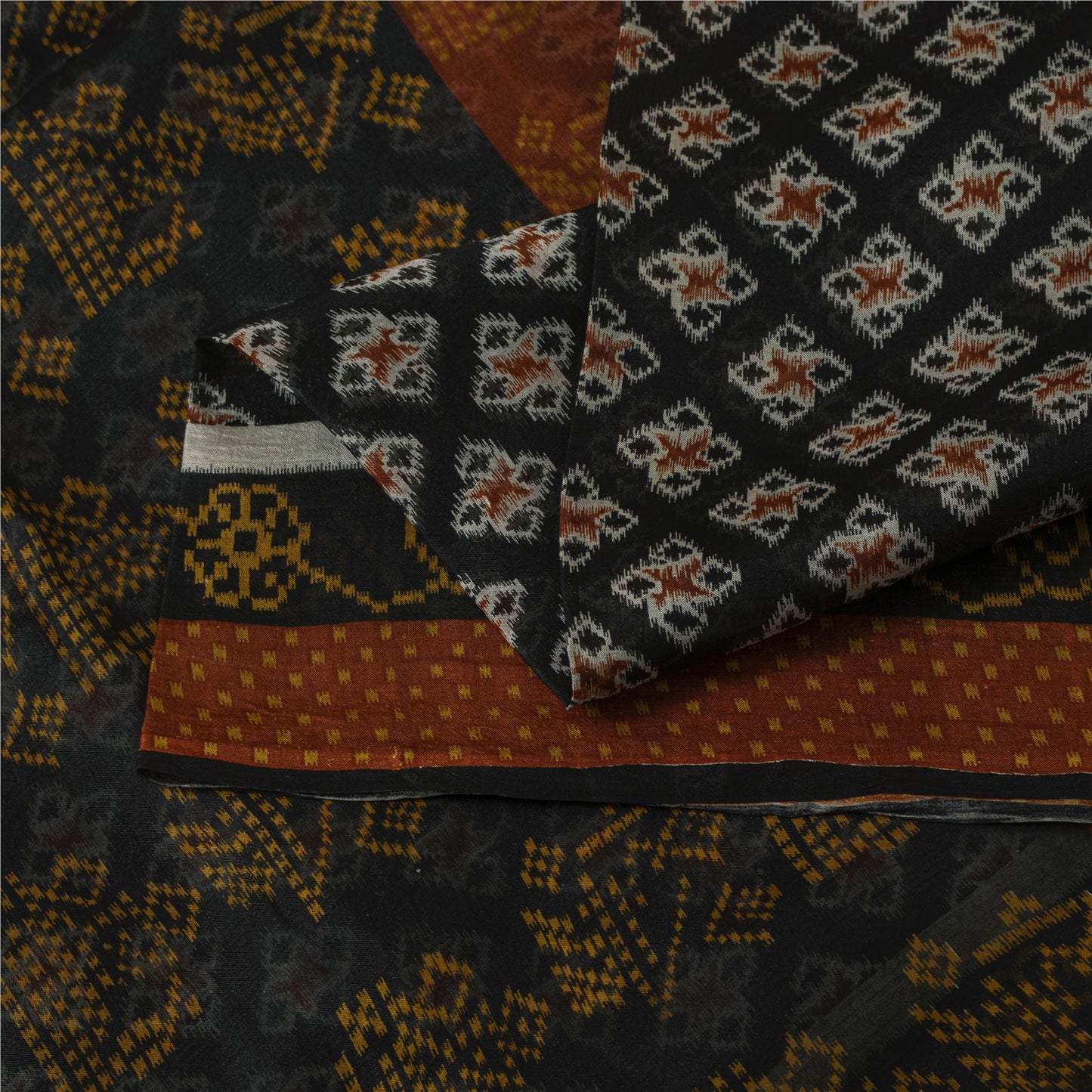 Sanskriti Vintage Sarees Black Pure Silk Geometric Ikat Print 6YD Sari Material