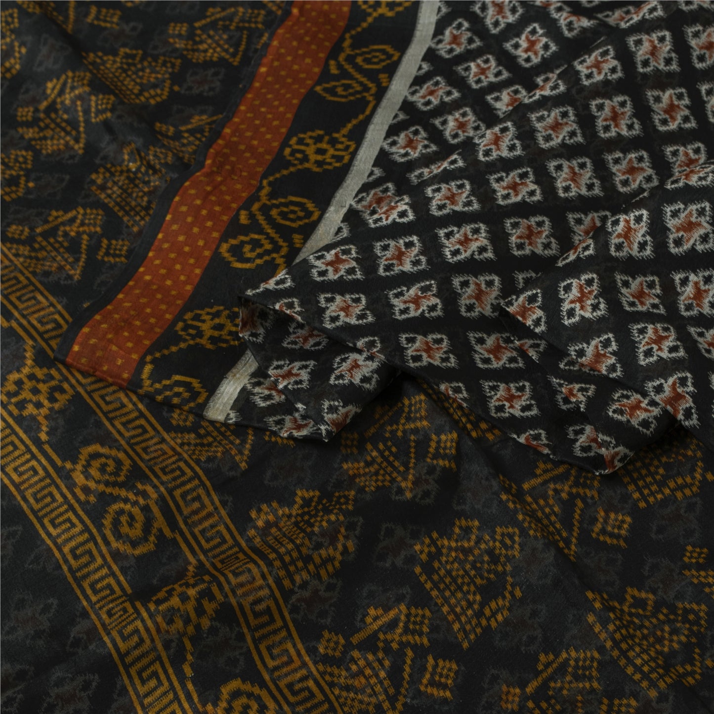 Sanskriti Vintage Sarees Black Pure Silk Geometric Ikat Print 6YD Sari Material