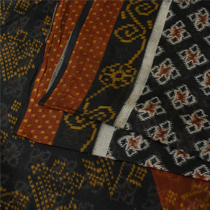 Sanskriti Vintage Sarees Black Pure Silk Geometric Ikat Print 6YD Sari Material