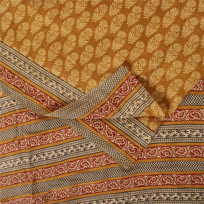 Sanskriti Vintage Sarees Saffron Pure Silk Block Printed Floral 5+YD Sewing Sari