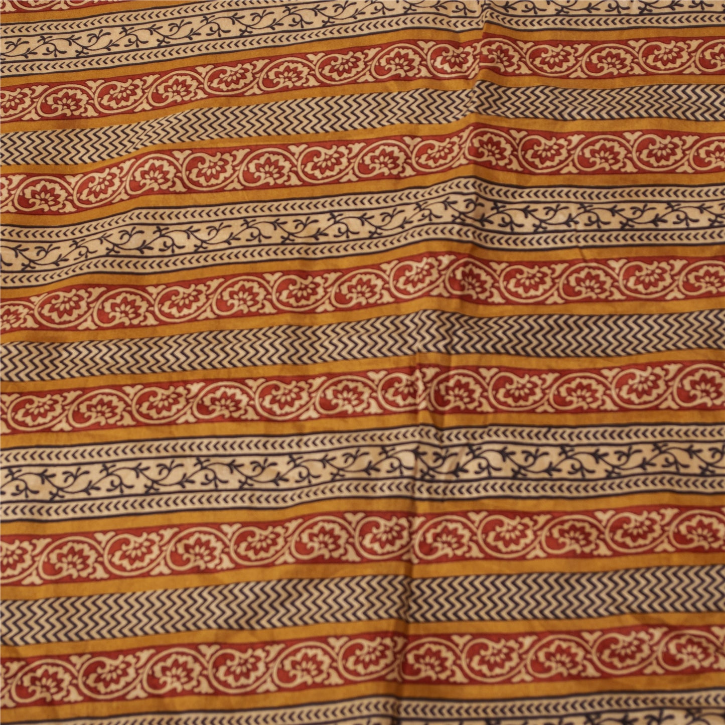 Sanskriti Vintage Sarees Saffron Pure Silk Block Printed Floral 5+YD Sewing Sari