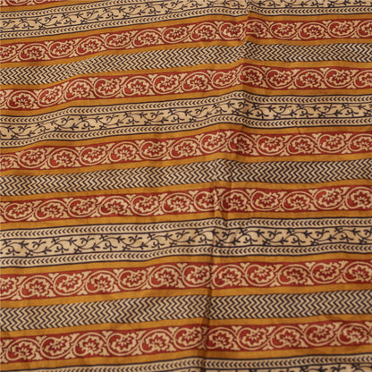 Sanskriti Vintage Sarees Saffron Pure Silk Block Printed Floral 5+YD Sewing Sari