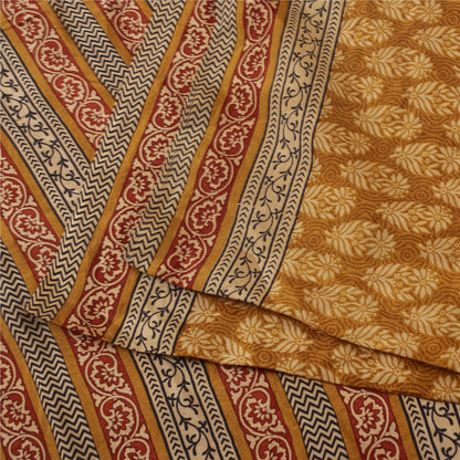 Sanskriti Vintage Sarees Saffron Pure Silk Block Printed Floral 5+YD Sewing Sari