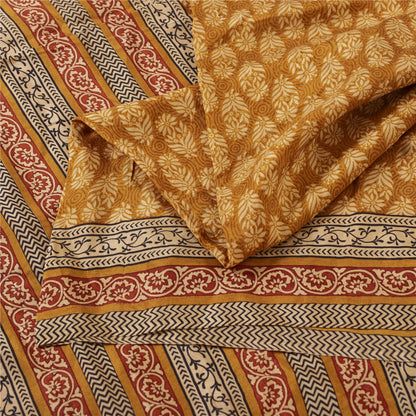 Sanskriti Vintage Sarees Saffron Pure Silk Block Printed Floral 5+YD Sewing Sari