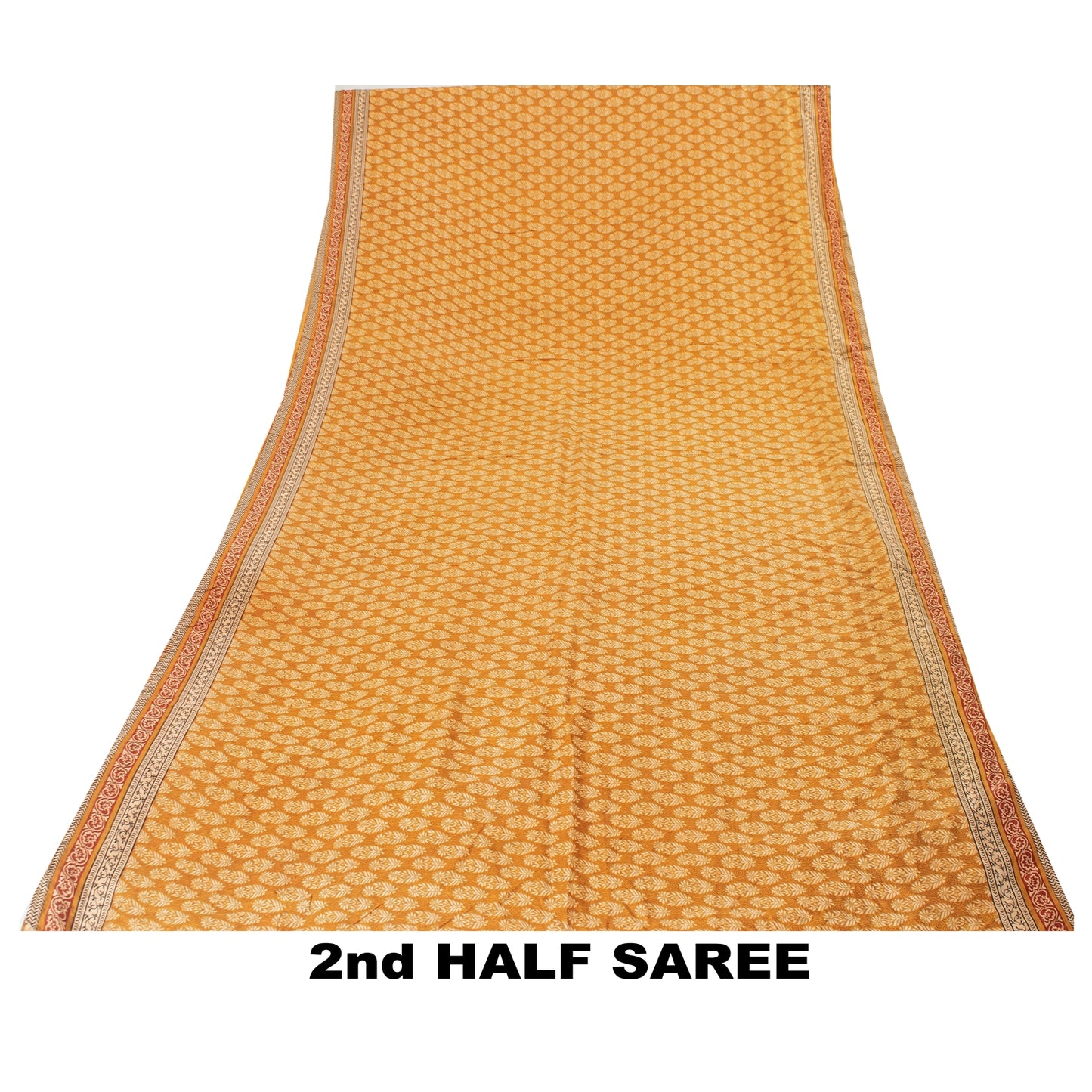 Sanskriti Vintage Sarees Saffron Pure Silk Block Printed Floral 5+YD Sewing Sari