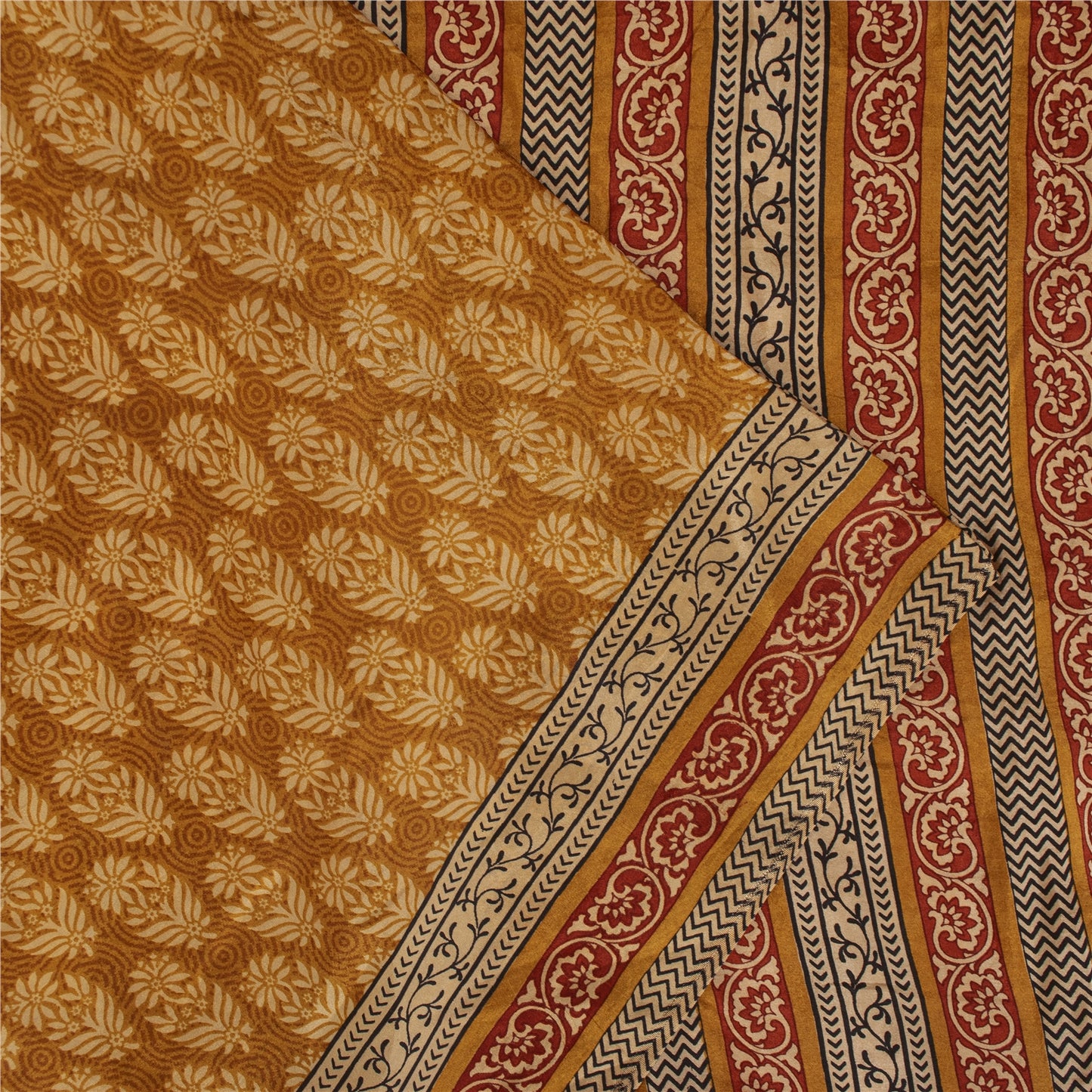 Sanskriti Vintage Sarees Saffron Pure Silk Block Printed Floral 5+YD Sewing Sari