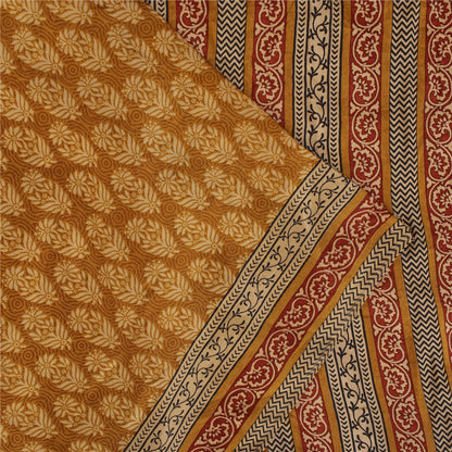 Sanskriti Vintage Sarees Saffron Pure Silk Block Printed Floral 5+YD Sewing Sari