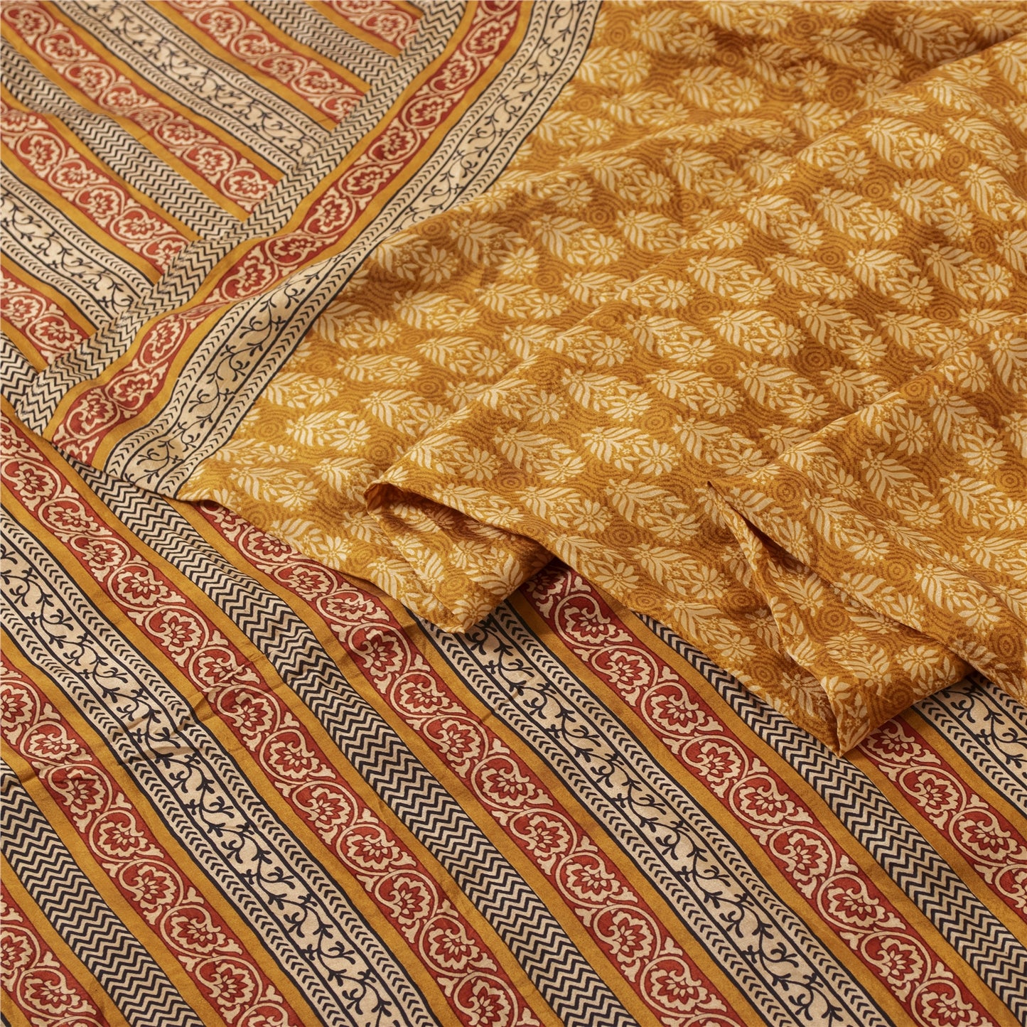 Sanskriti Vintage Sarees Saffron Pure Silk Block Printed Floral 5+YD Sewing Sari