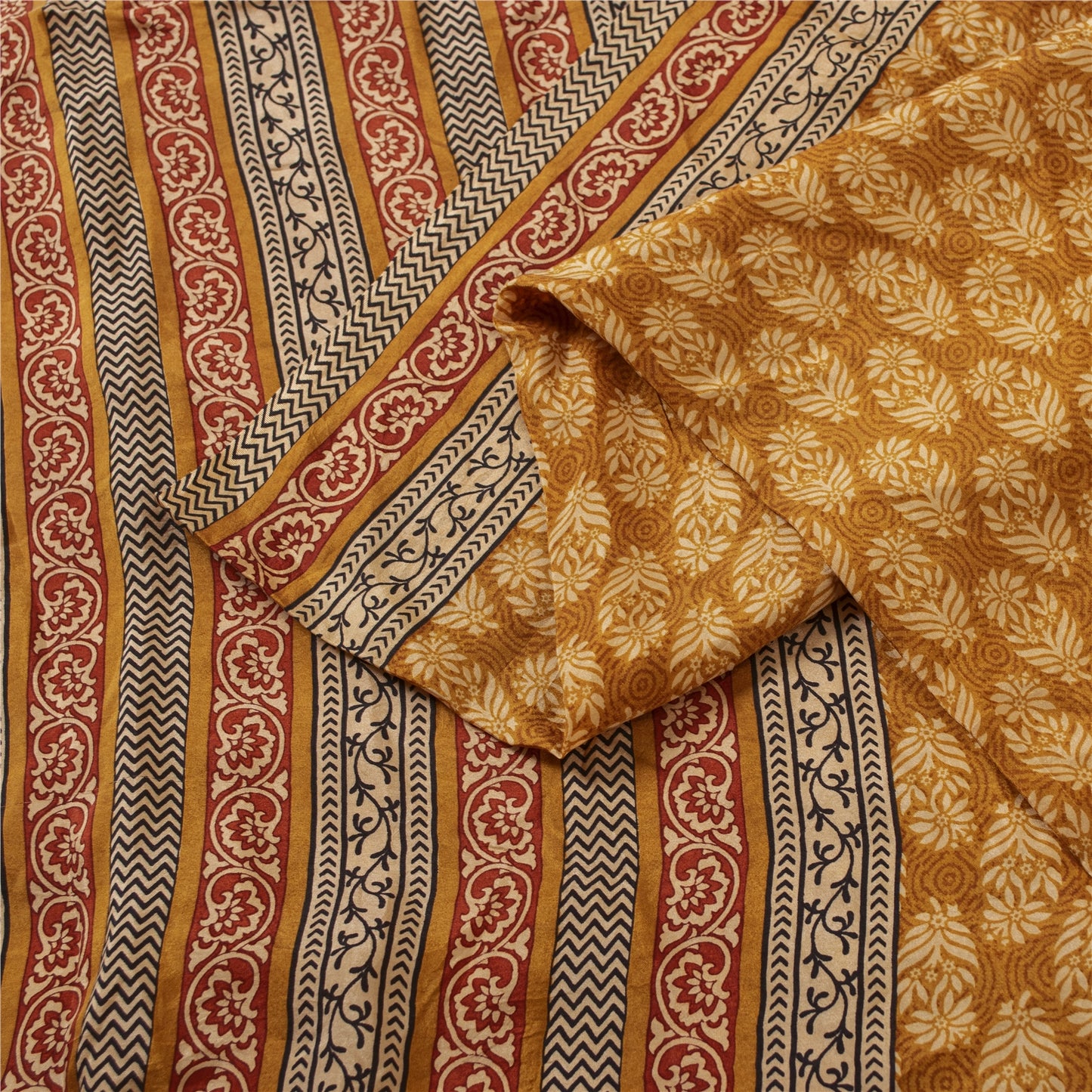 Sanskriti Vintage Sarees Saffron Pure Silk Block Printed Floral 5+YD Sewing Sari