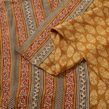 Sanskriti Vintage Sarees Saffron Pure Silk Block Printed Floral 5+YD Sewing Sari