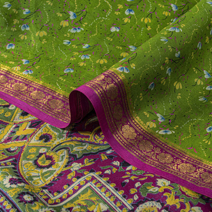 Sanskriti Vintage Saree Green 100%Pure Silk Print Zari Border Sari 5.5+Yd Fabric
