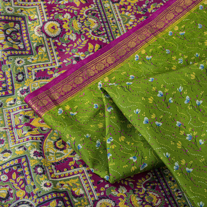 Sanskriti Vintage Saree Green 100%Pure Silk Print Zari Border Sari 5.5+Yd Fabric