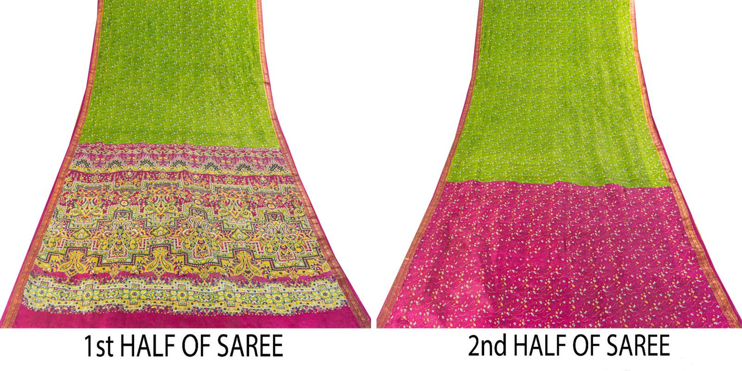 Sanskriti Vintage Saree Green 100%Pure Silk Print Zari Border Sari 5.5+Yd Fabric
