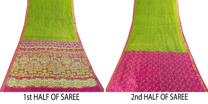 Sanskriti Vintage Saree Green 100%Pure Silk Print Zari Border Sari 5.5+Yd Fabric