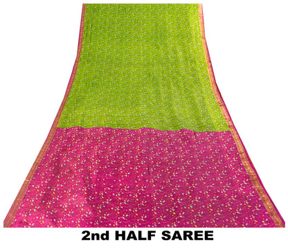 Sanskriti Vintage Saree Green 100%Pure Silk Print Zari Border Sari 5.5+Yd Fabric