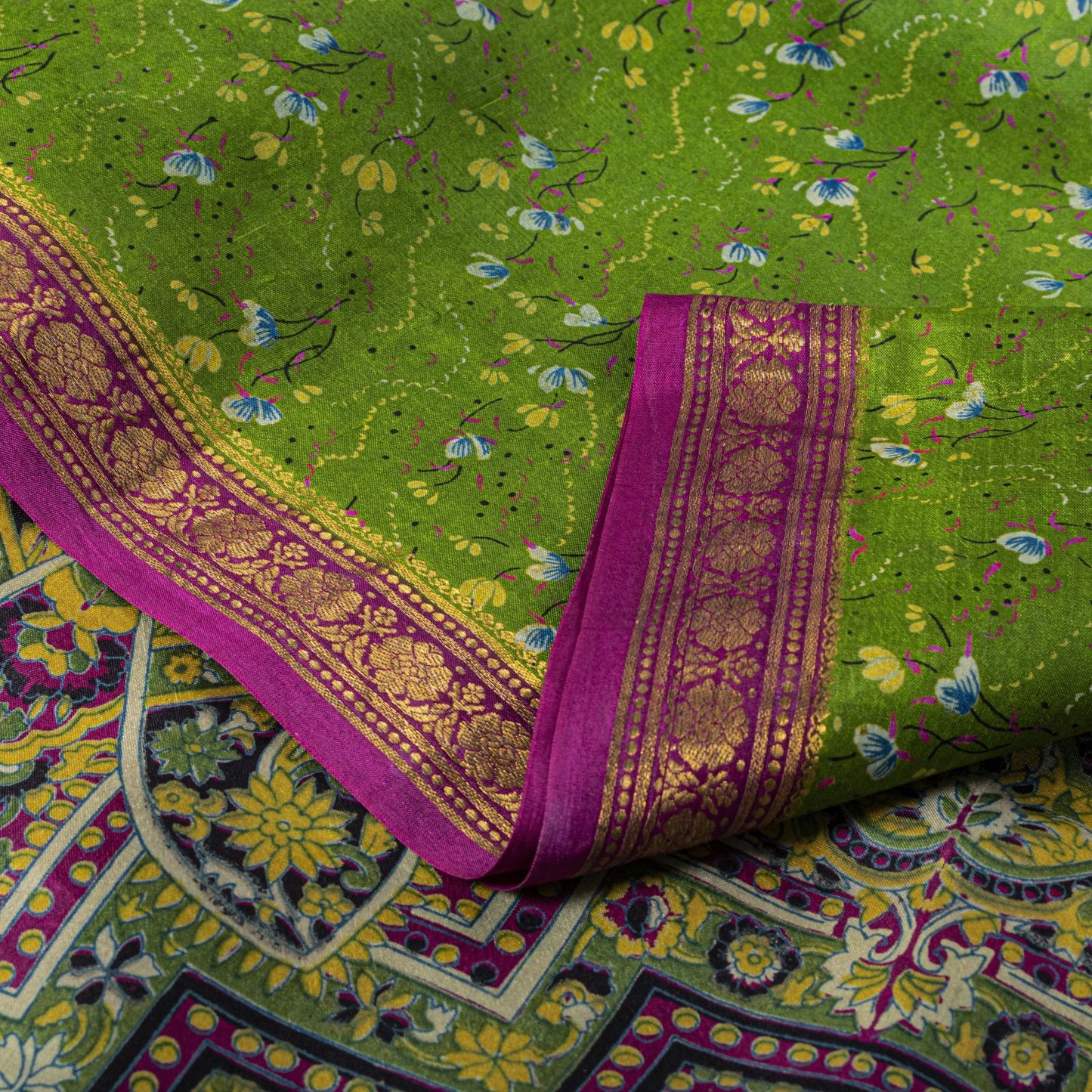 Sanskriti Vintage Saree Green 100%Pure Silk Print Zari Border Sari 5.5+Yd Fabric