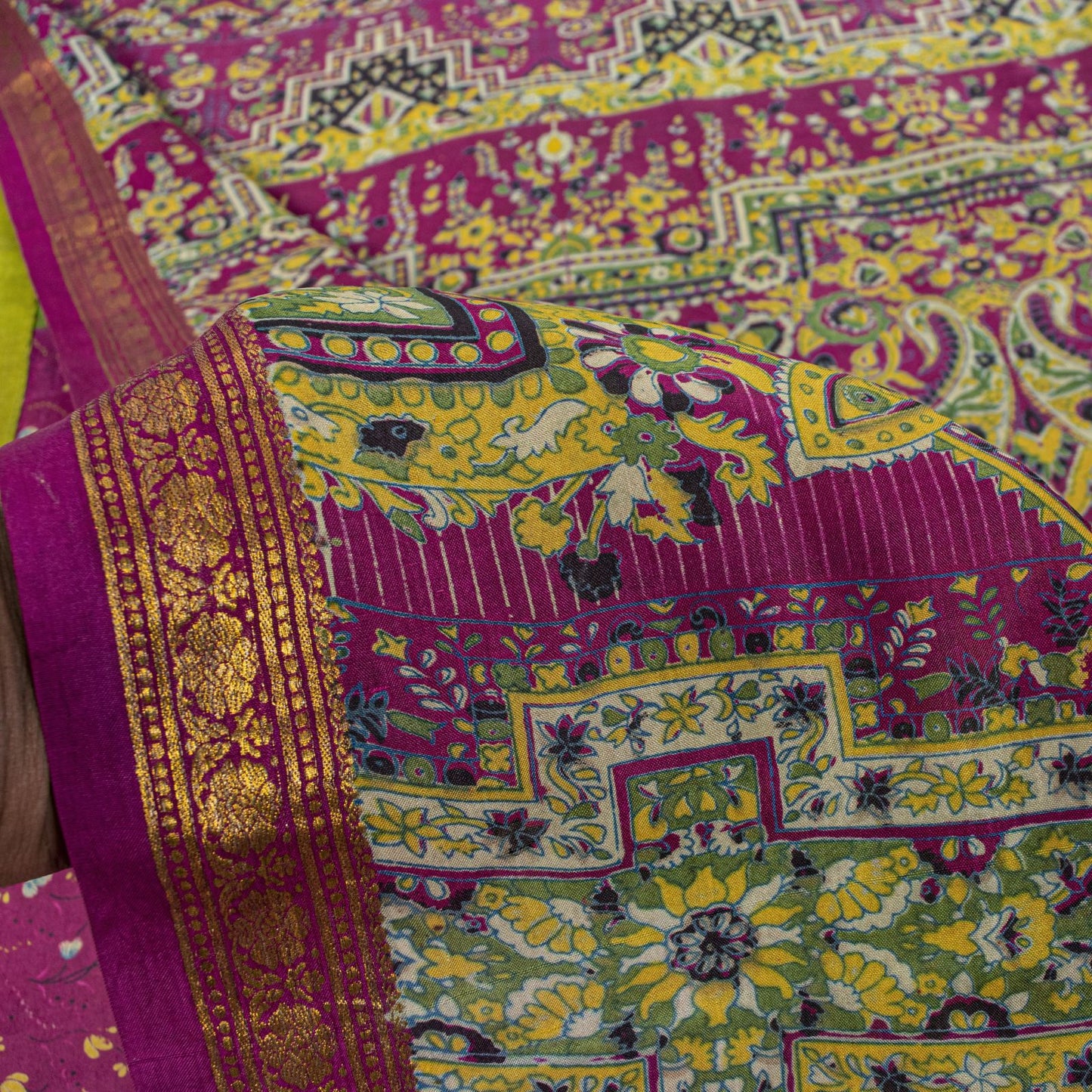 Sanskriti Vintage Saree Green 100%Pure Silk Print Zari Border Sari 5.5+Yd Fabric