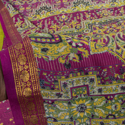 Sanskriti Vintage Saree Green 100%Pure Silk Print Zari Border Sari 5.5+Yd Fabric