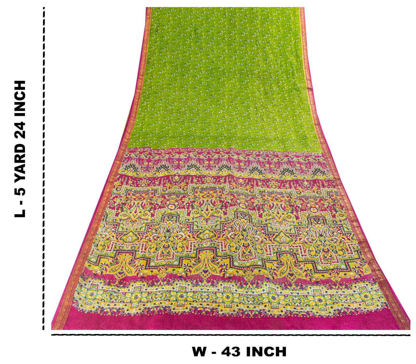 Sanskriti Vintage Saree Green 100%Pure Silk Print Zari Border Sari 5.5+Yd Fabric