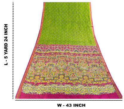 Sanskriti Vintage Saree Green 100%Pure Silk Print Zari Border Sari 5.5+Yd Fabric
