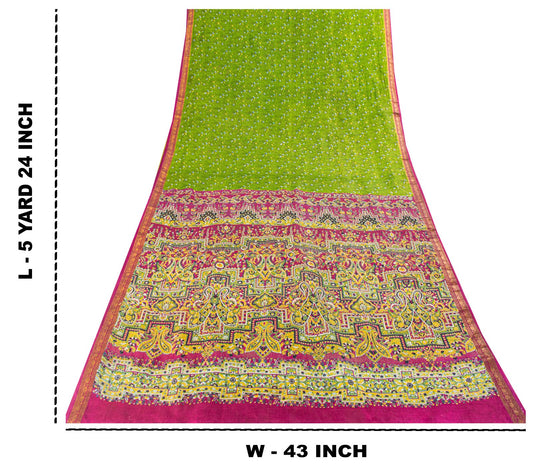 Sanskriti Vintage Saree Green 100%Pure Silk Print Zari Border Sari 5.5+Yd Fabric