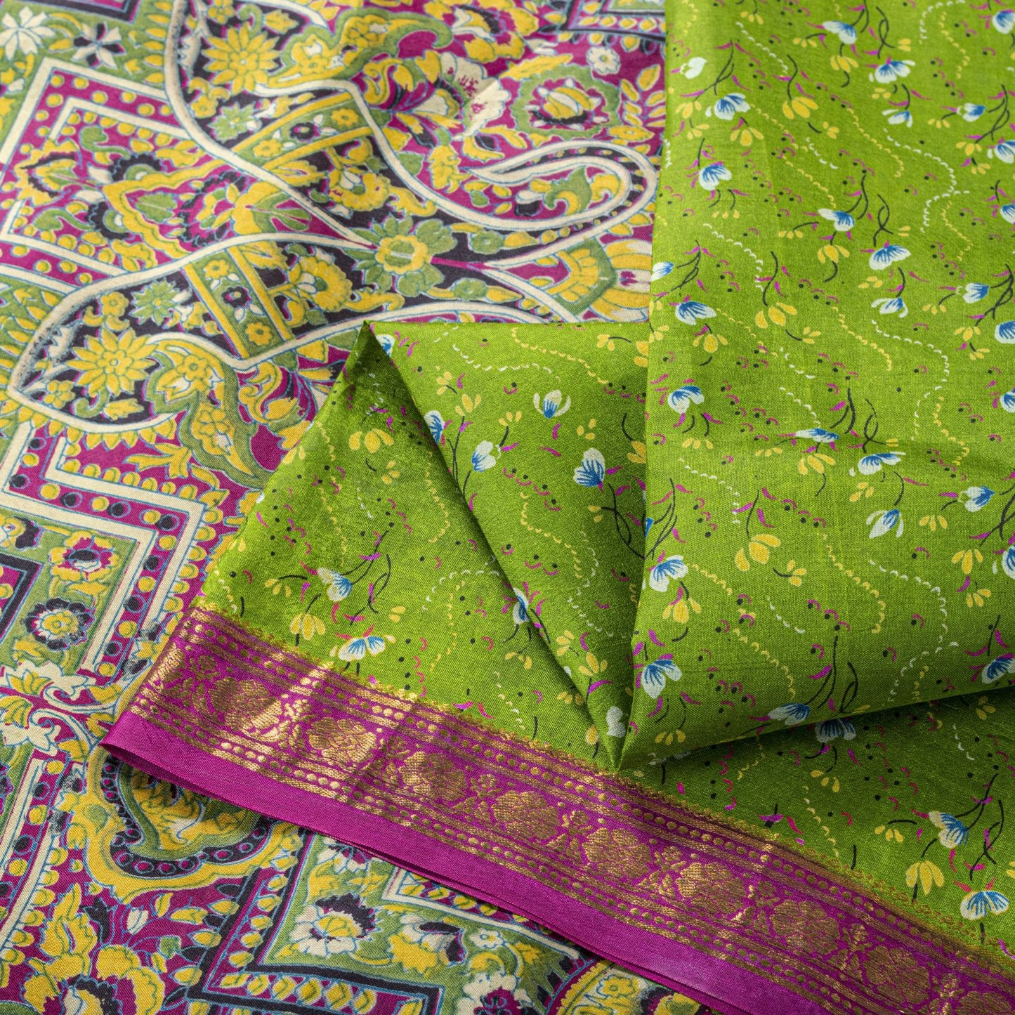 Sanskriti Vintage Saree Green 100%Pure Silk Print Zari Border Sari 5.5+Yd Fabric