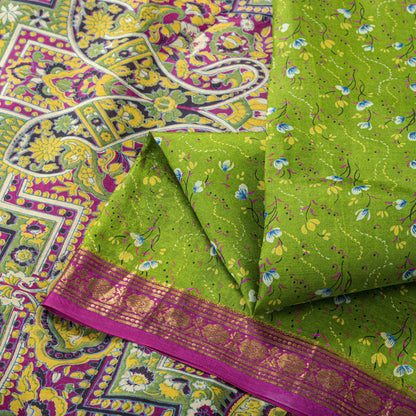 Sanskriti Vintage Saree Green 100%Pure Silk Print Zari Border Sari 5.5+Yd Fabric
