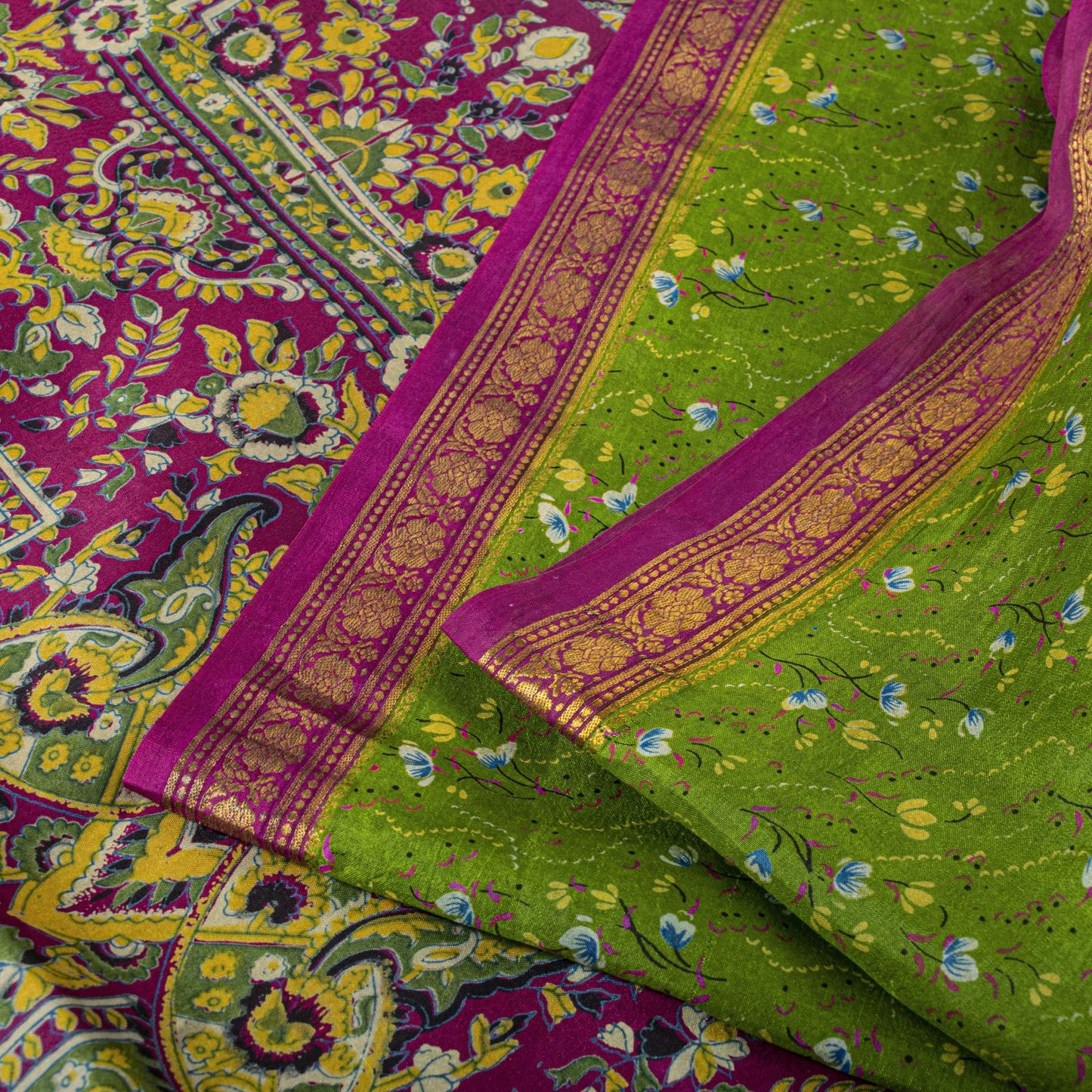 Sanskriti Vintage Saree Green 100%Pure Silk Print Zari Border Sari 5.5+Yd Fabric