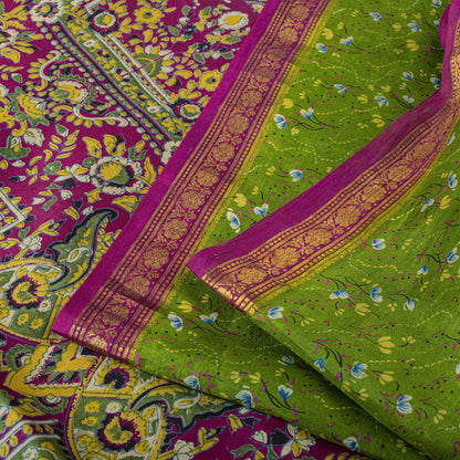 Sanskriti Vintage Saree Green 100%Pure Silk Print Zari Border Sari 5.5+Yd Fabric