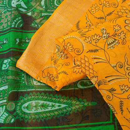 Sanskriti Vintage Sarees Yellow & Green Women Animal Pure Silk Print 5+YD Sari